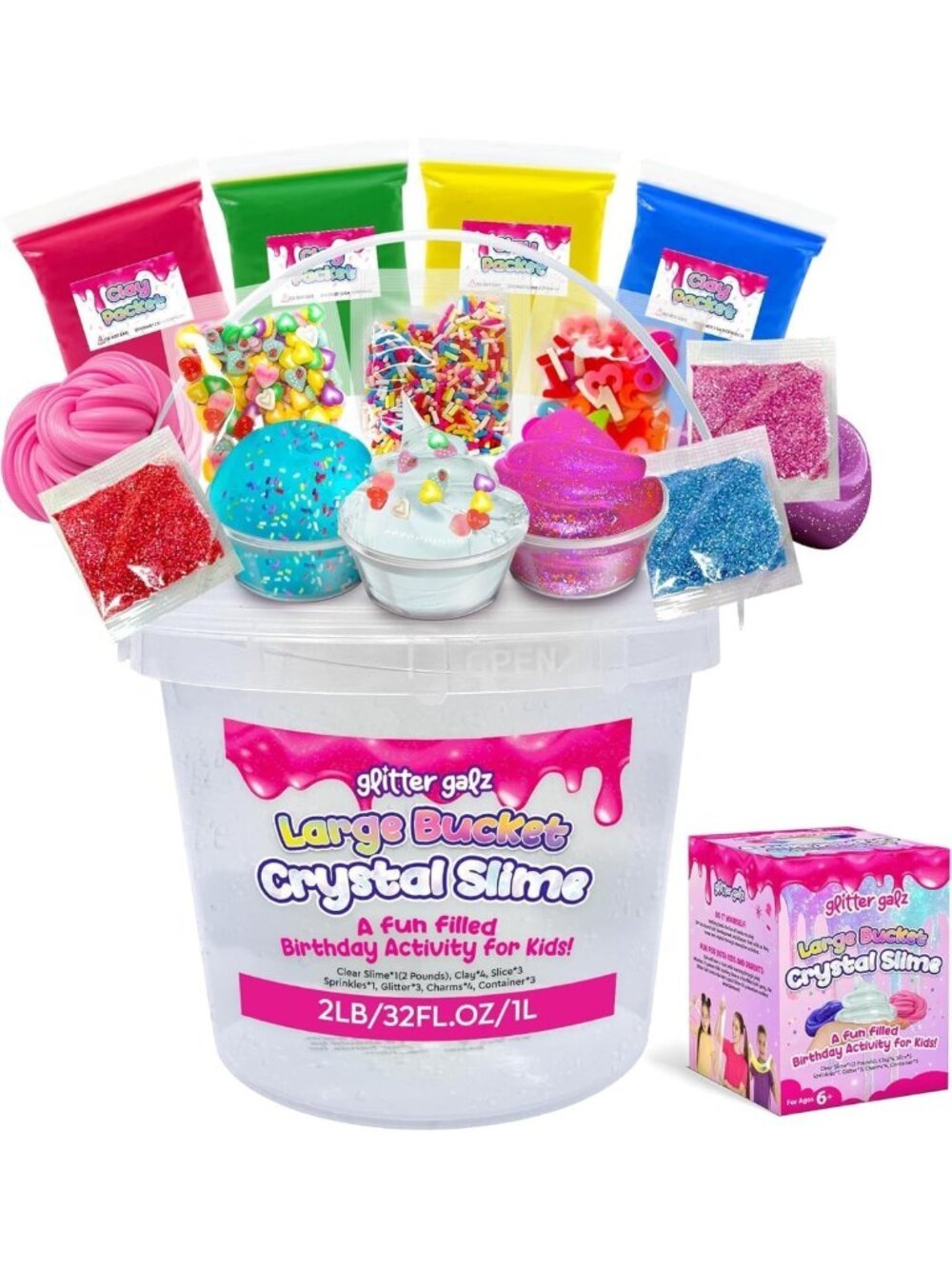 2 LB Clear Slime Bucket - Premade Crystal Slime Kit with Charms & Add-Ins